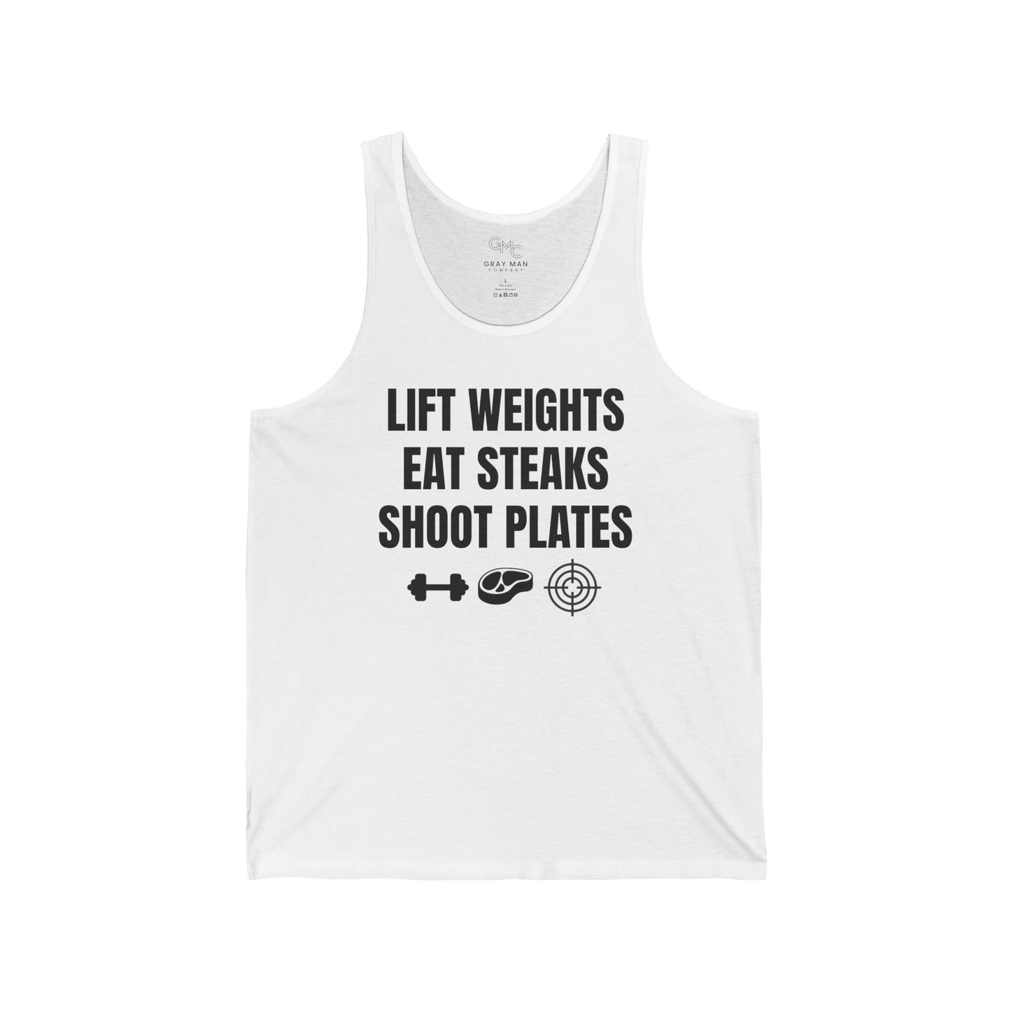 EDC Graphic Tank - LIFT WEIGHTS, EAT STEAKS, SHOOT PLATES