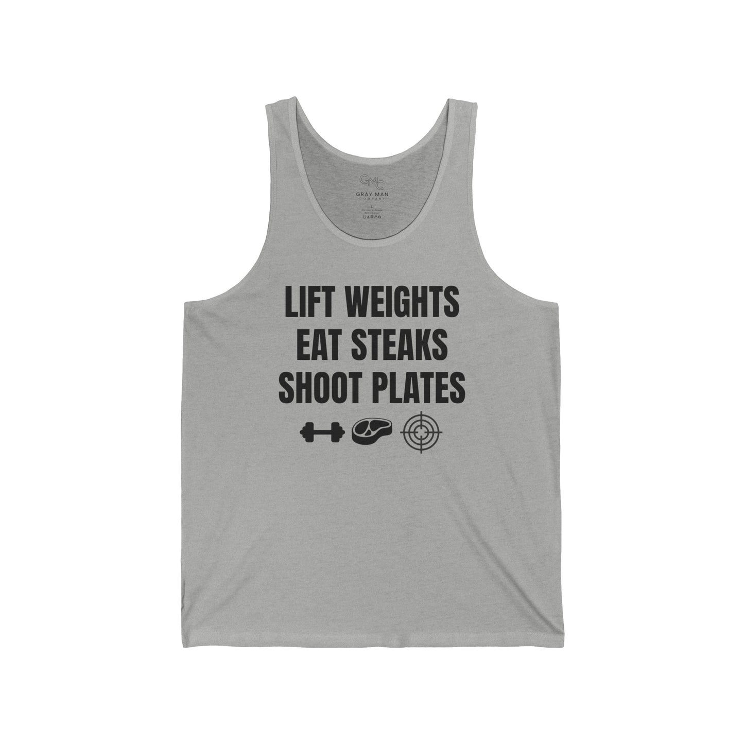 EDC Graphic Tank - LIFT WEIGHTS, EAT STEAKS, SHOOT PLATES