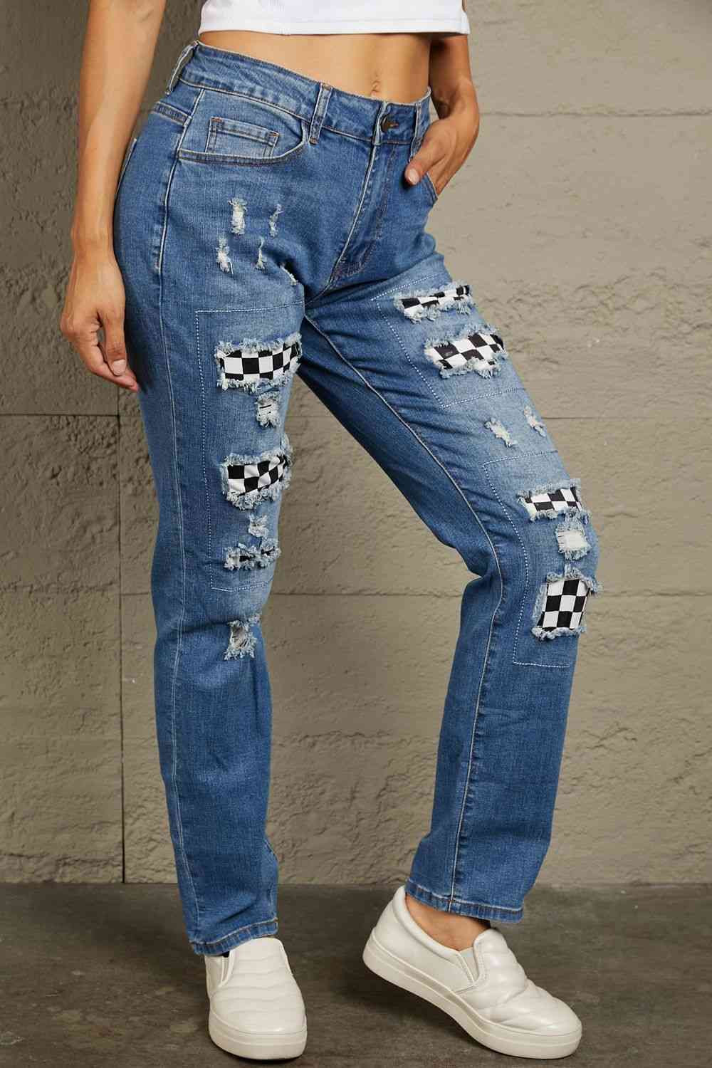 Baeful Checkered Patchwork Mid Waist Distressed Jeans