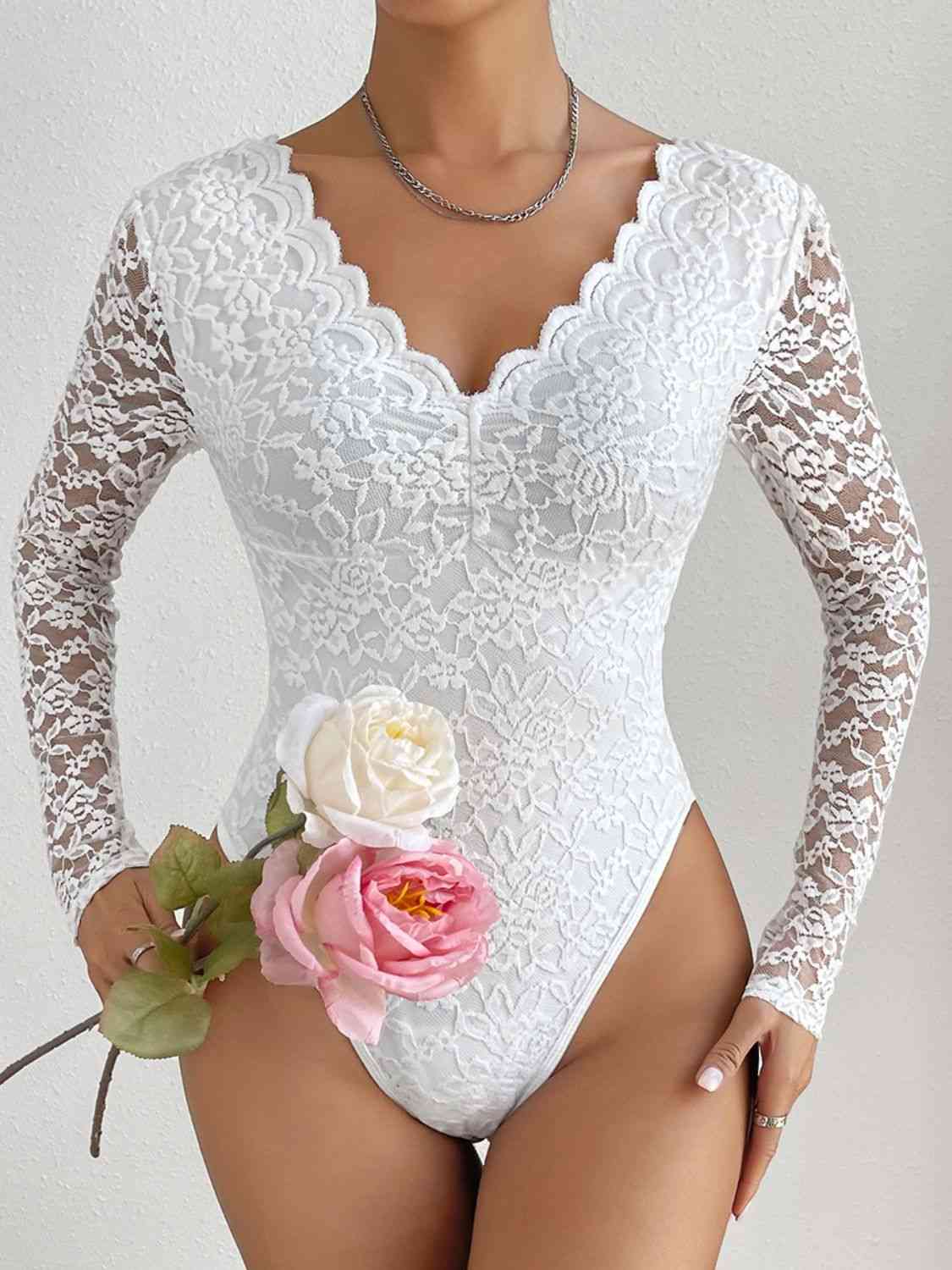 V-Neck Long Sleeve Lace Trim Bodysuit